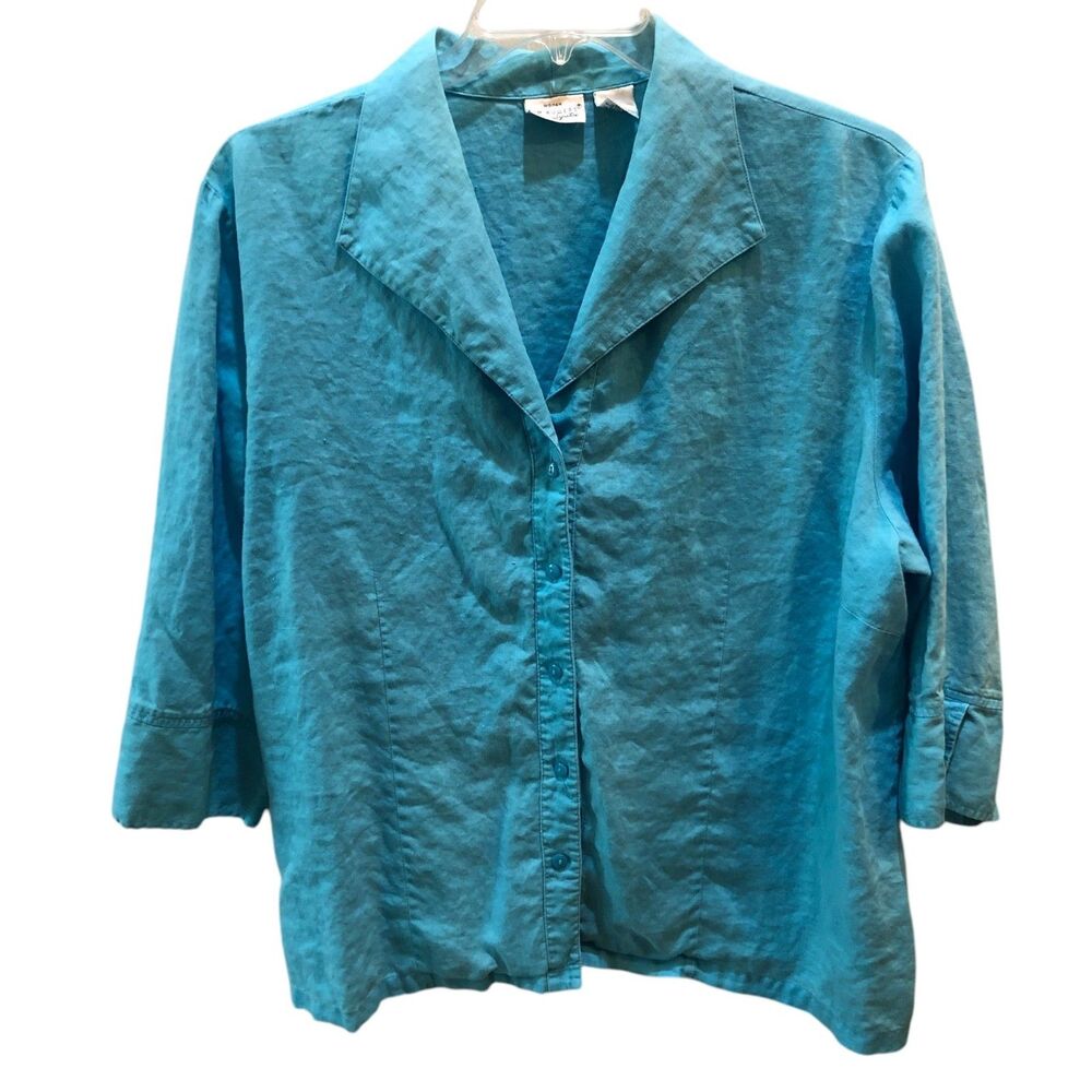 Kim Rogers Signature Womens Size 1X Blue Linen 3/4 Sleeve Button Up Shirt Top